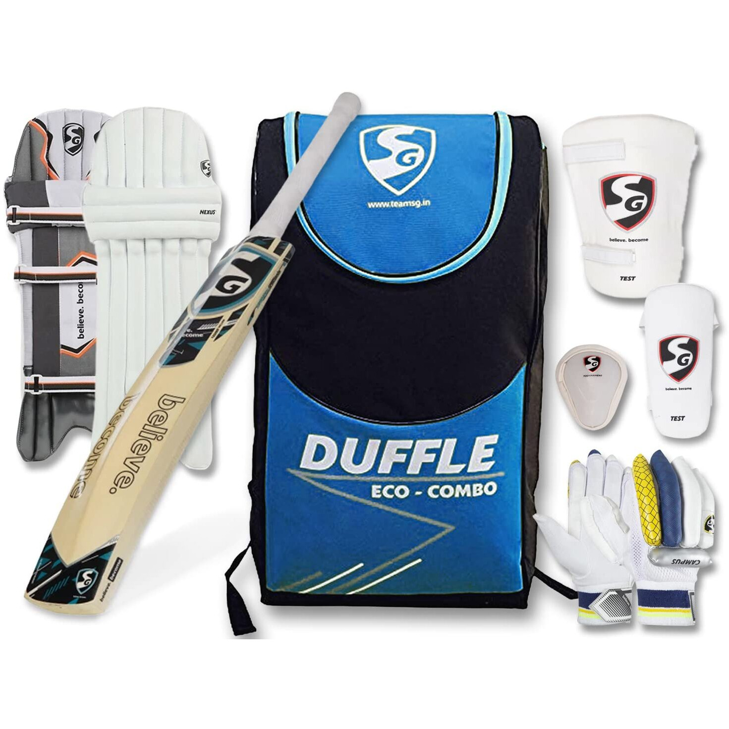 SG Eco Duffle Kashmir Willow Full Cricket Kit, Black/Blue - Size 4