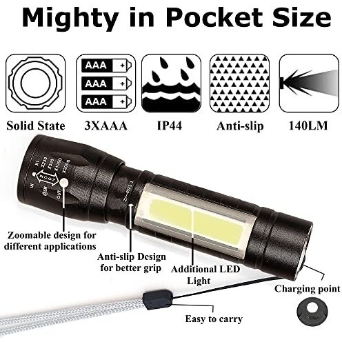 Care 4 Re Chargeable led Torch with Side Light for Emergency Light, 3 Modes, USB Charging, Aluminium Alloy Body