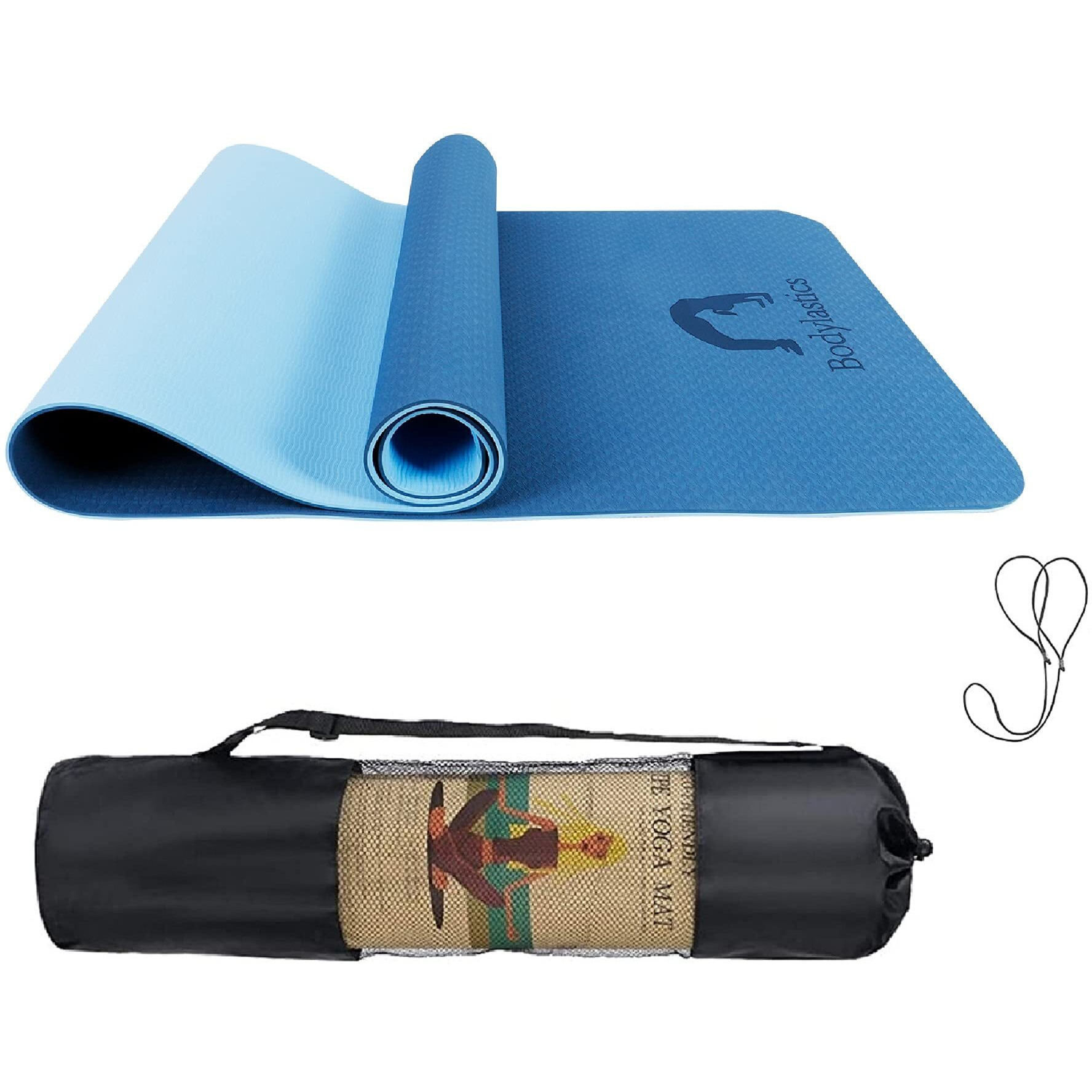 Bodylastics Yoga Mat for Men and Women with Carry Bag TPE 6ft x 2ft x 6mm Large Size Anti Slip & Anti Tear Workout Mat (Blue/Blue)