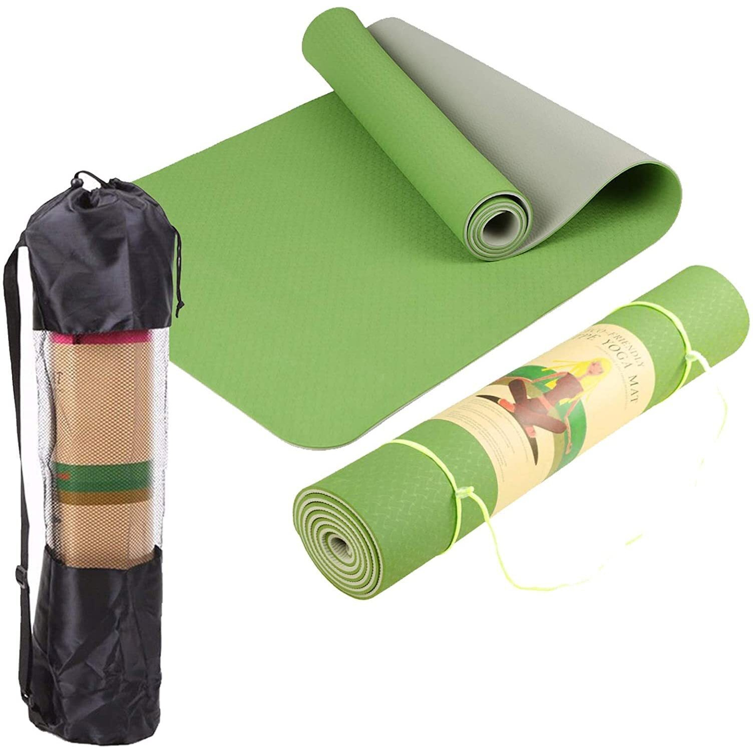 Bodylastics Yoga Mat for Men and Women with Carry Bag TPE 6ft x 2ft x 6mm Large Size Anti Slip & Anti Tear Workout Mat (Light Green/Grey)