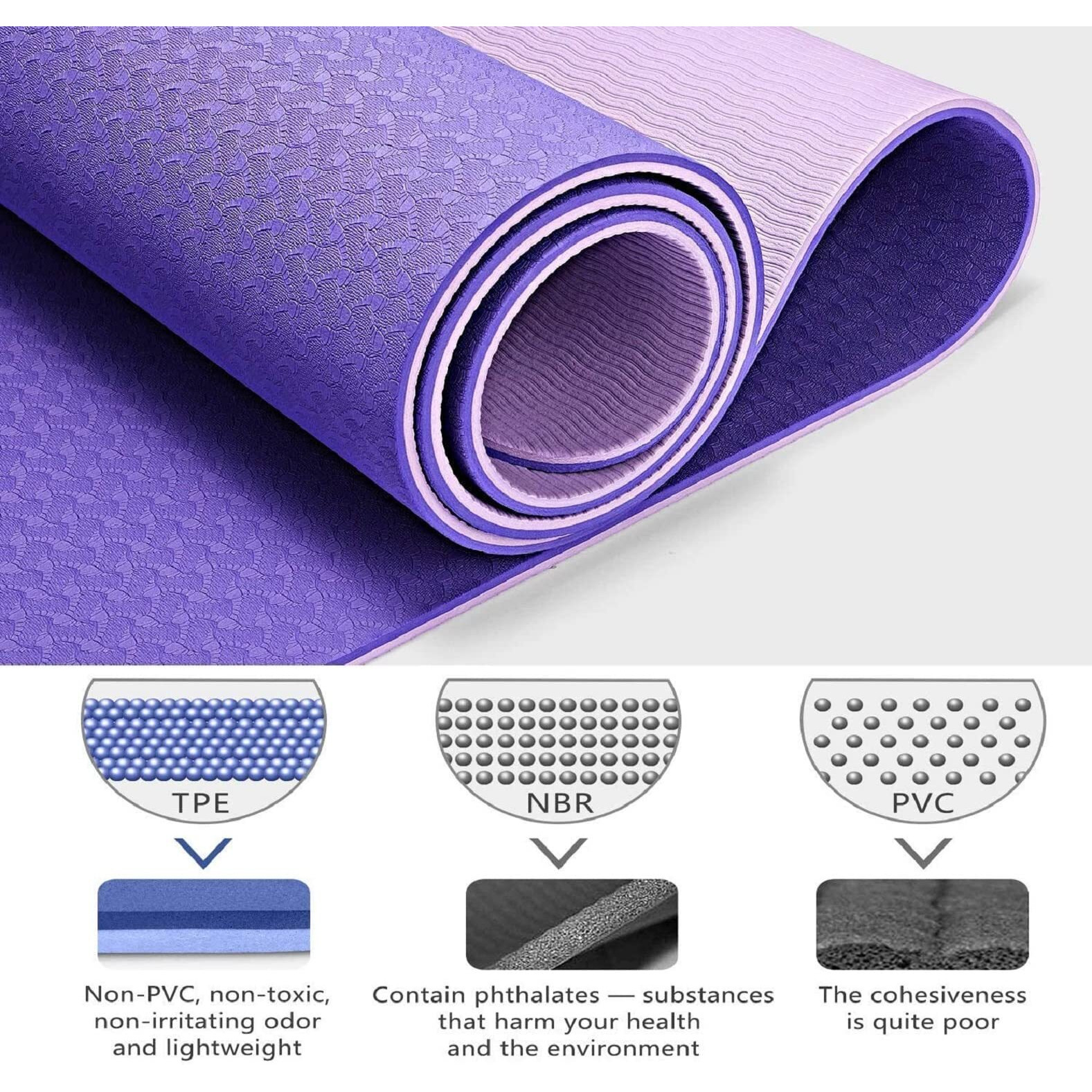 Bodylastics Yoga Mat for Men and Women with Carry Bag TPE 6ft x 2ft x 6mm Large Size Anti Slip & Anti Tear Workout Mat (Violet/Light Violet)