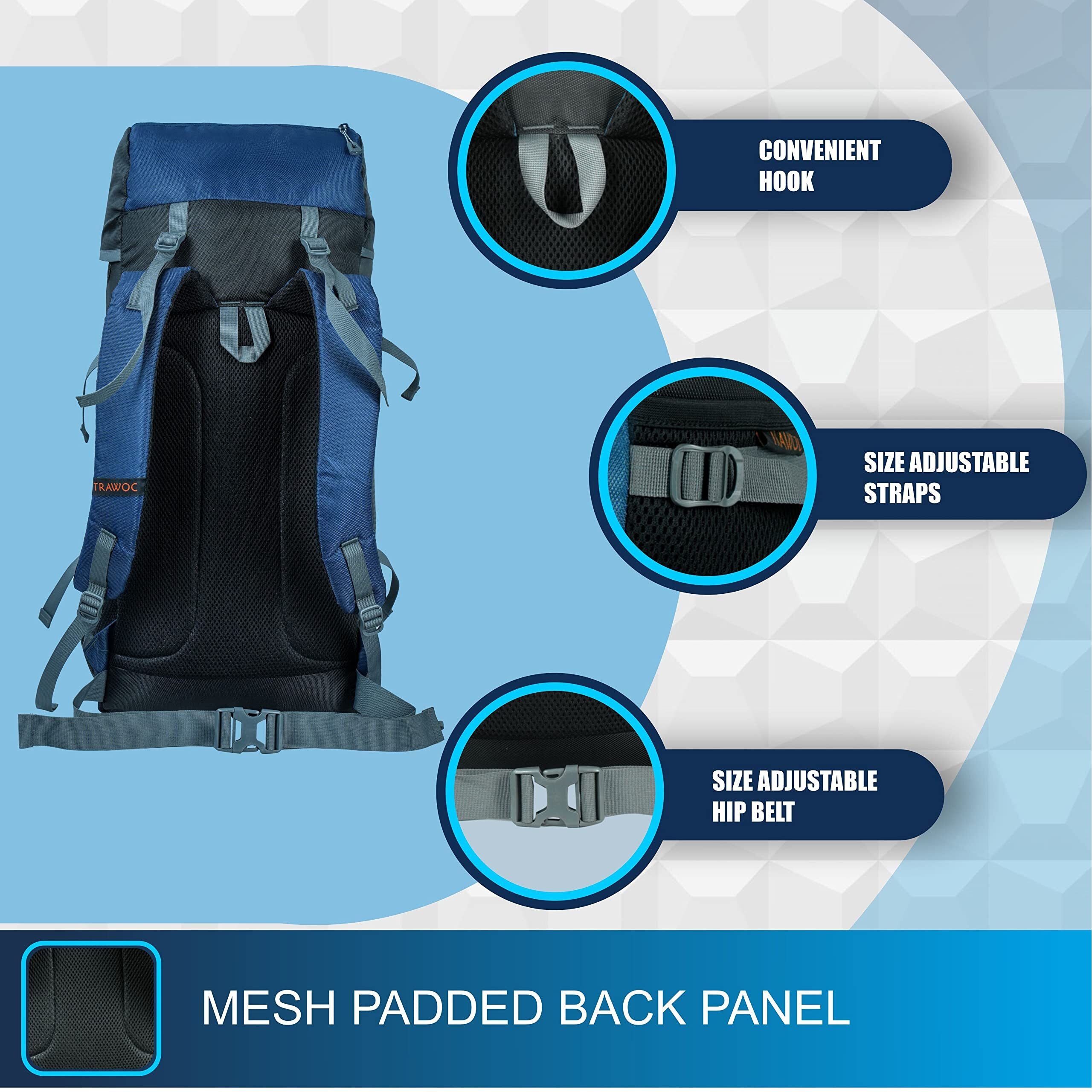 TRAWOC HOVER 50L Travel Backpack for Men & Women Trekking Hiking Rucksack Bag for Men & Women, LHK002, Navy Blue