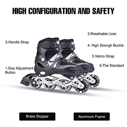 Diswa Adjustable Aluminium Body InLine Skates Combo Size M (34-39) for Unisex Adults , Black