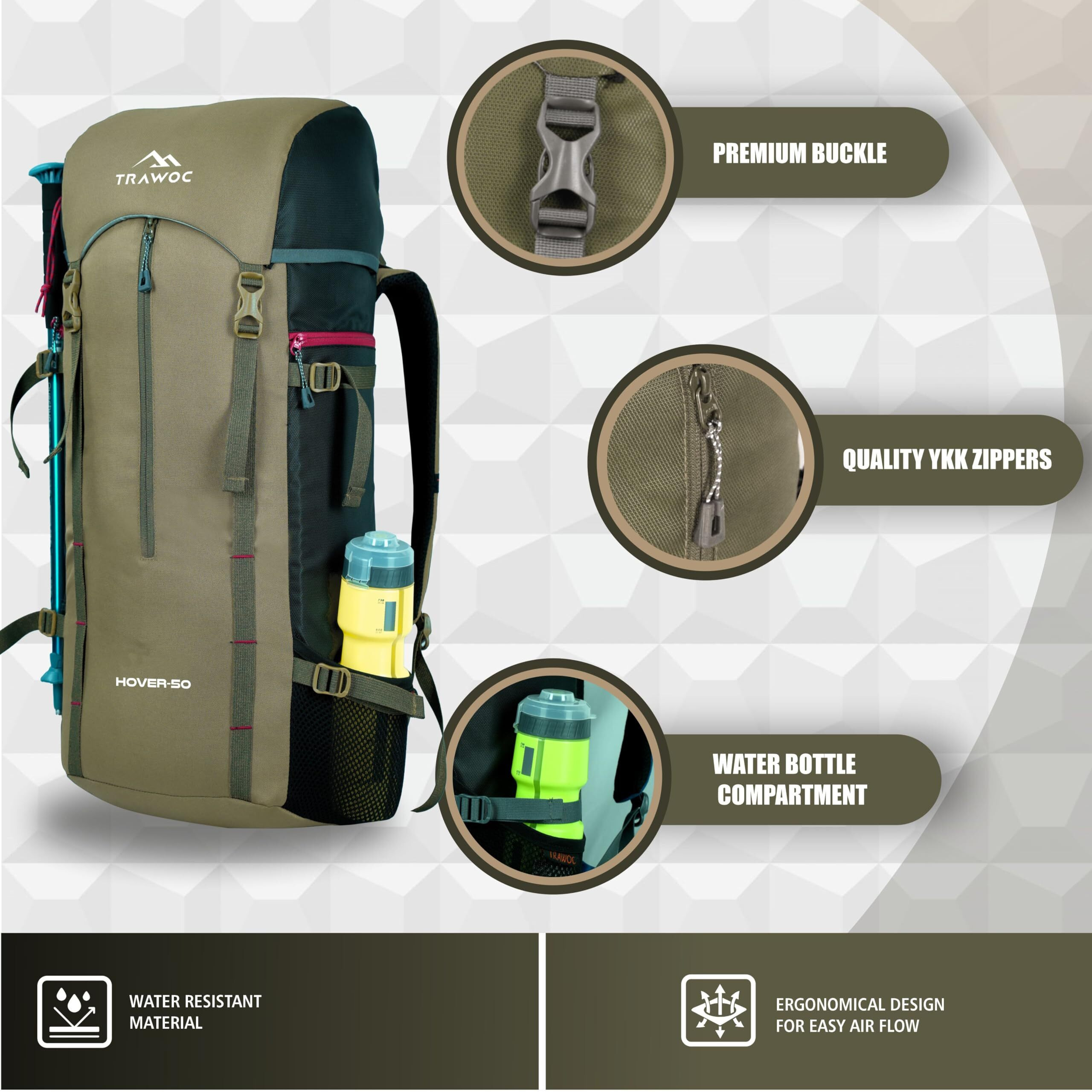 TRAWOC HOVER 50L Travel Backpack for Men & Women Trekking Hiking Rucksack Bag for Men & Women, LHK002, Olive Green