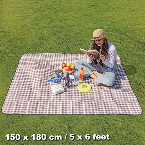 HOKIPO Picnic Mat, Camping & Outdoor Foldable Rectangular Shape Sleeping Mat Picnic Blanket With Waterproof Backing, 5X6 Feet, Checks Brown (Ar3919)