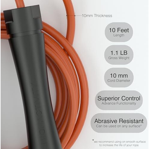 High Activity Polyvinyl Chlorine-Adjustable Heavy Jump Rope For Men,Women&Children-Heavy Skipping Rope For Men&Women Exercise Workout,Endurance&Weight Loss-Tangle Free Jumping Rope-10 Ft-Fire Orange