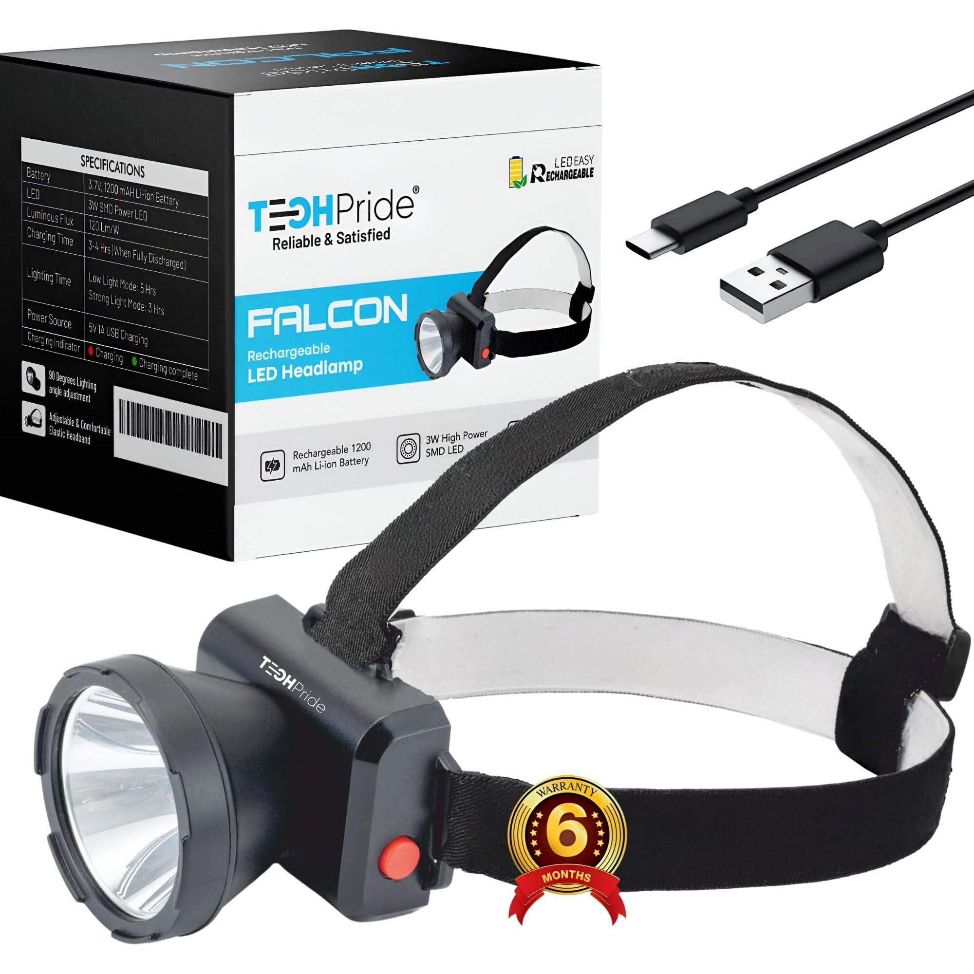 TechPride Rechargeable LED Head Torch Model Falcon, Head Light Upto 1km Range with 1200 mAh Lithium-ion Battery, for Farmers, Fishing, Camping, Caving, Hiking, Trekking, Cycling, Running etc