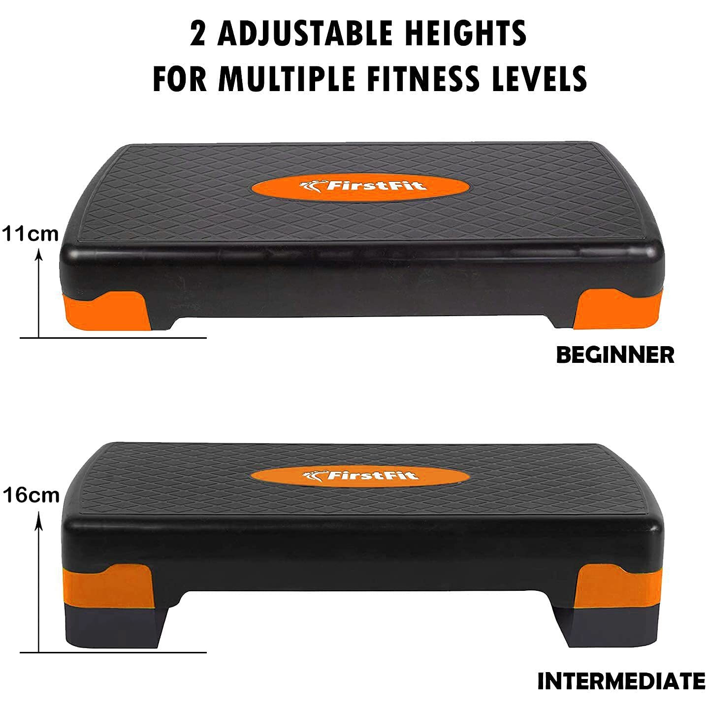 FirstFit Exercise Step Platform Aerobic Stepper Bench, Workout Deck with Adjustable Riser Height - (68cm x 28cm x 10cm/15cm, Red & Black)