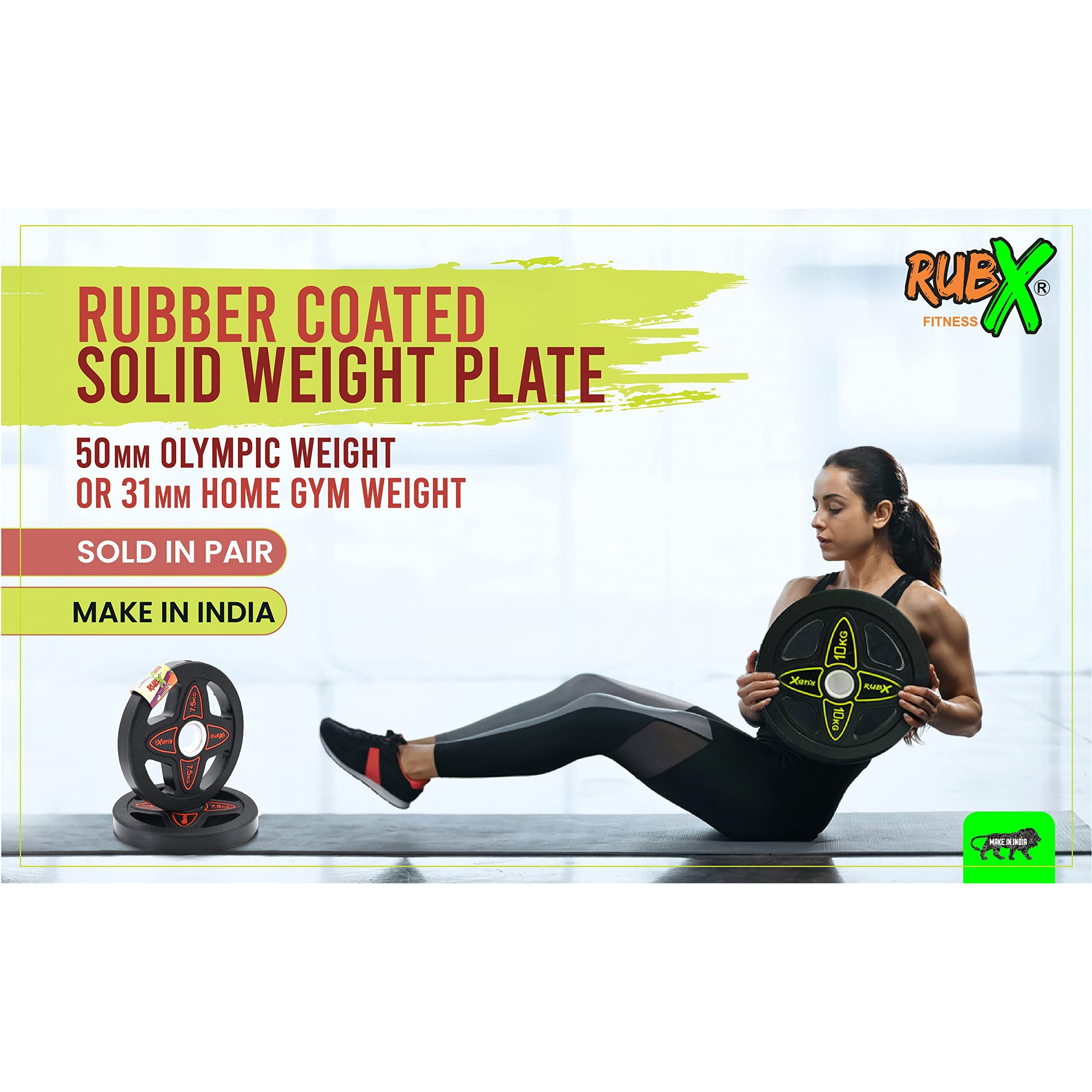 RUBX Rubber Coated Solid Weight Plate|50 MM Olympic Weight Or 31 MM home gym Weight|Sold In Pair (50 MM Olympic Weight Plate, 7.5 Kg x 2pc (Total  15 kg))