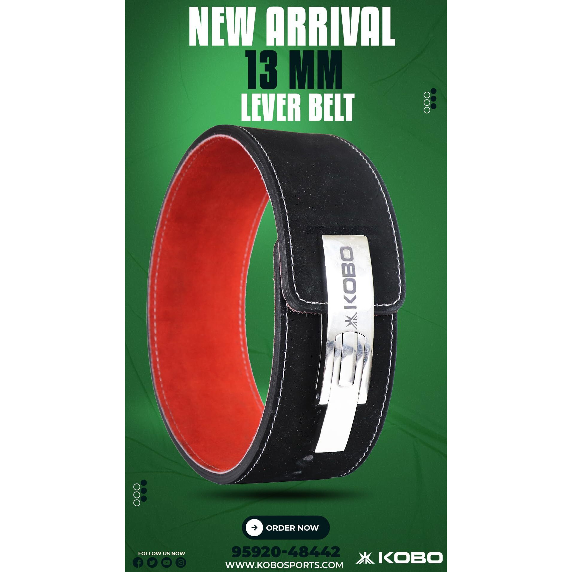 Kobo 13mm Lever Belt Weight Lifting Gym Fitness, Natural Genuine Leather, 4 Wide Back Support, 9 Adjustable Holes, Powerlifting Bodybuilding Deadlift Squat Workout Strength Training, Men Women WTB-15