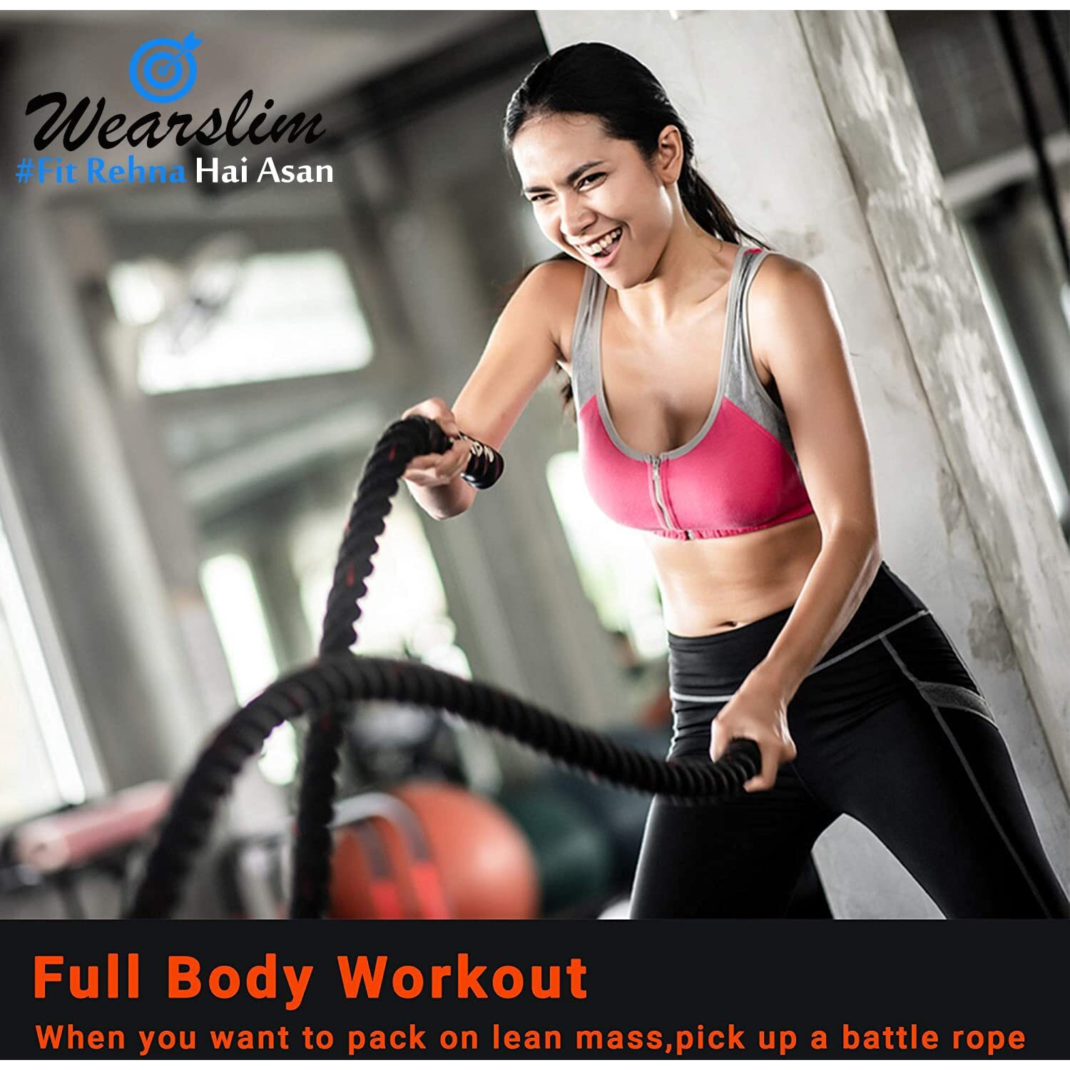 Wearslim Professional Heavy Duty Poly Dacron 50 FEET 2 Inch Thick Battle Rope for Gym with Stainless Steel Locking Carabiner & Non-Slip Nylon Anchor