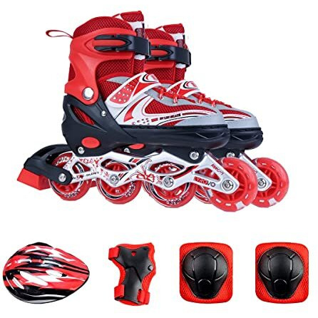 Diswa Adjustable Aluminium Body inLine Skates Combo Size M (34-39) (Red Color , Unisex)