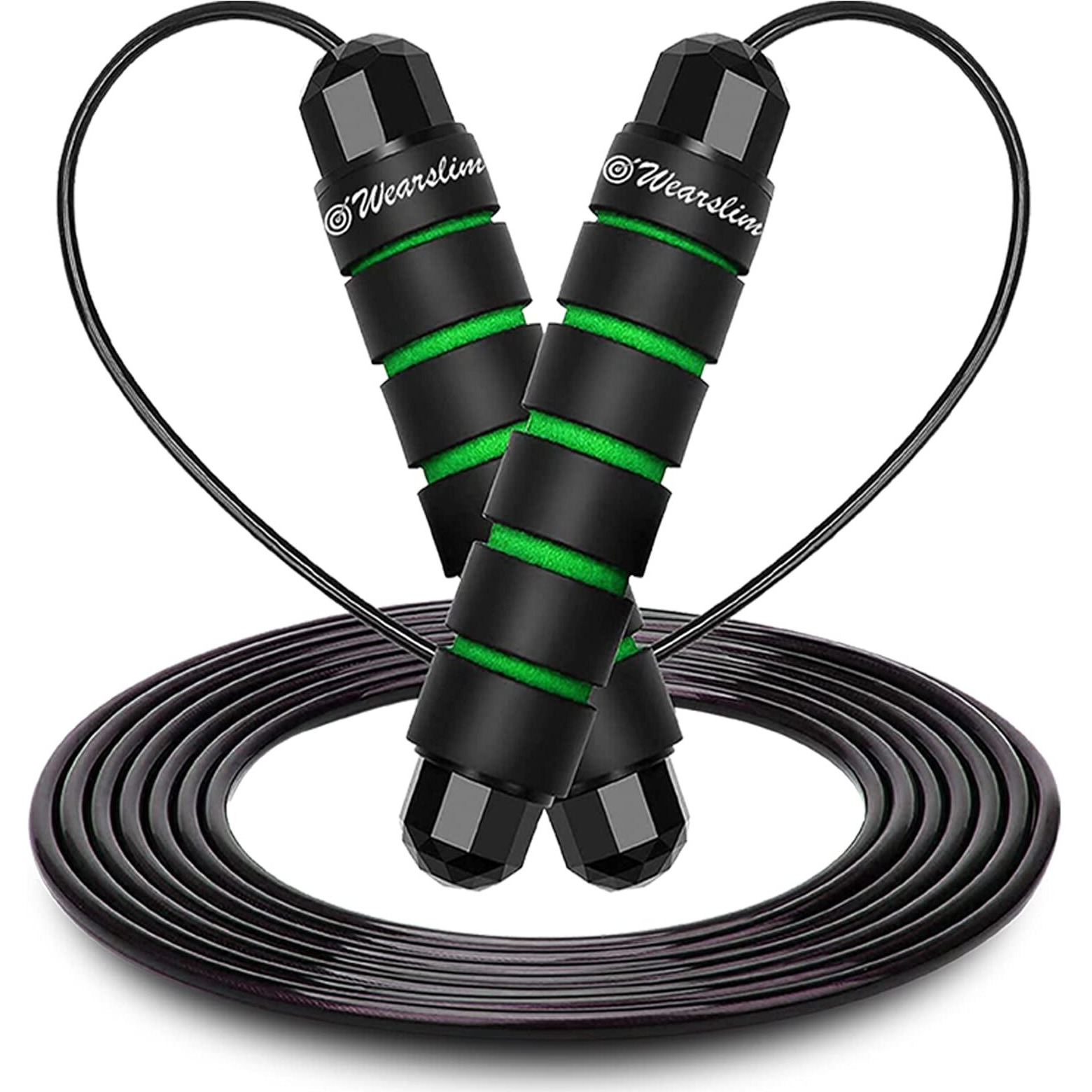 Wearslim Skipping Rope with Ball Bearings Rapid Speed Jump Rope Cable and 6 Memory Foam Handles Ideal for Aerobic Exercise Like Speed Training, Extreme Jumping - Black & Green