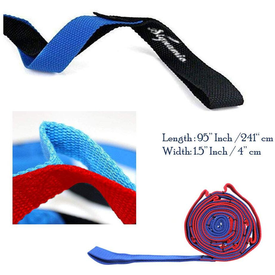 SIGNAMIO Multi Grip Hamstring Yoga 12 Loop Exercise Belt Stretch Strap Band Rope for Stretching Men Women with Yoga Fitness Booklet - Blue-Red-1pcs
