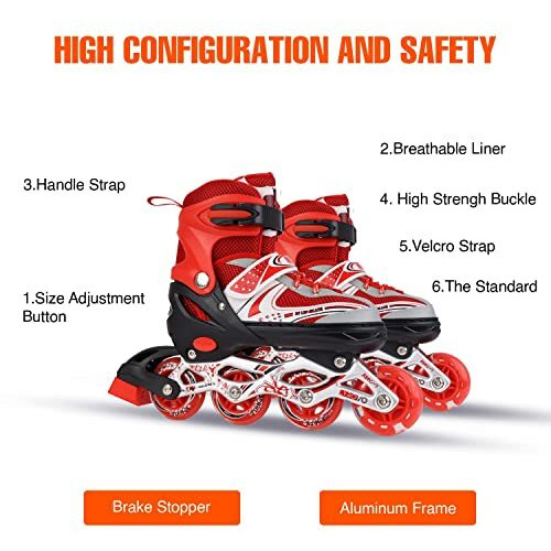 Diswa Adjustable Aluminium Body inLine Skates Combo Size S (29-33) , Red , Ideal for Unisex