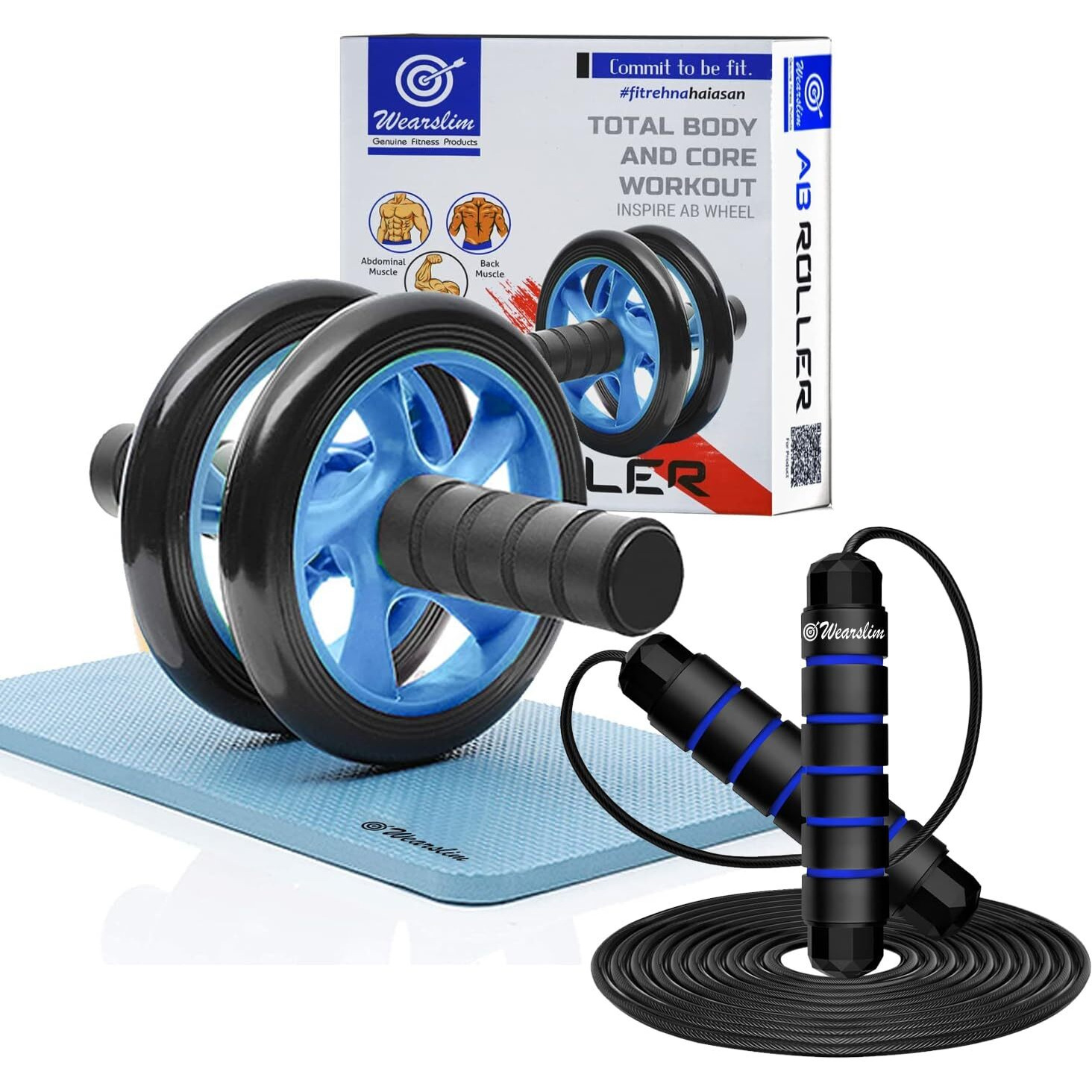 Wearslim Professional Ab Roller With Skipping Rope Combo,Abs Roller for Exercise Fitness Gym Includes Extra Thick Knee pad, Rapid Speed Skipping Rope Ball Bearings