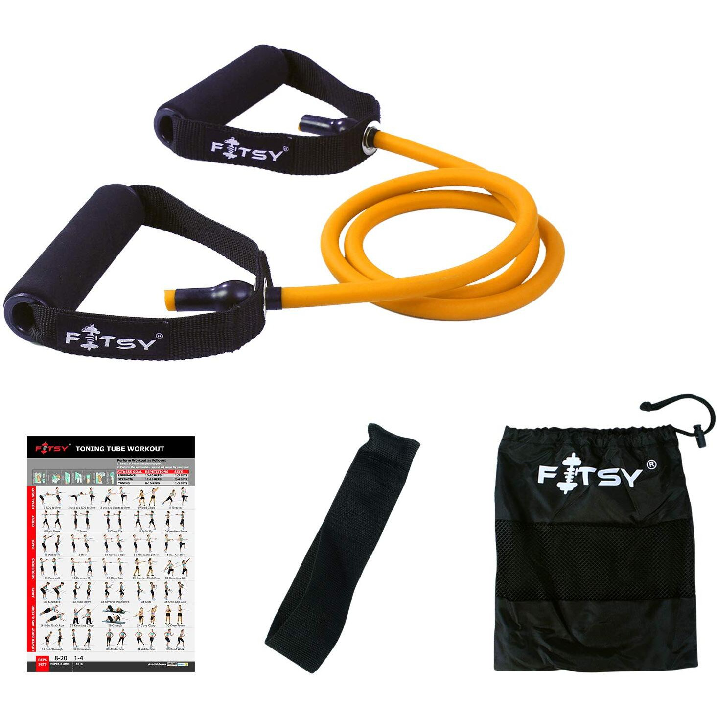 FITSY Resistance Band Latex Toning Tube + Door Anchor + Carry Pouch + Workout Chart - Orange