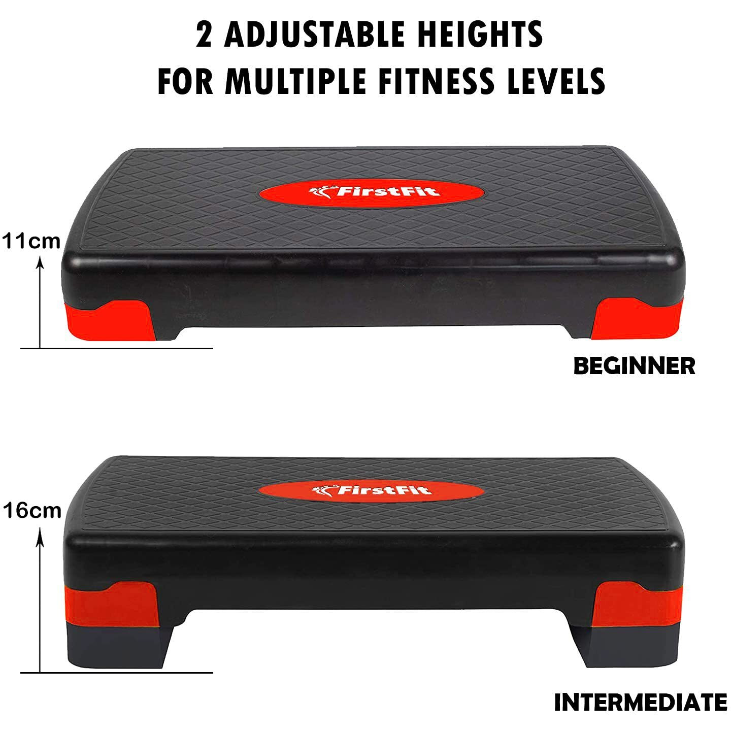 FirstFit Exercise Step Platform Aerobic Stepper Bench, Workout Deck with Adjustable Riser Height - (68cm x 28cm x 10cm/15cm, Red)