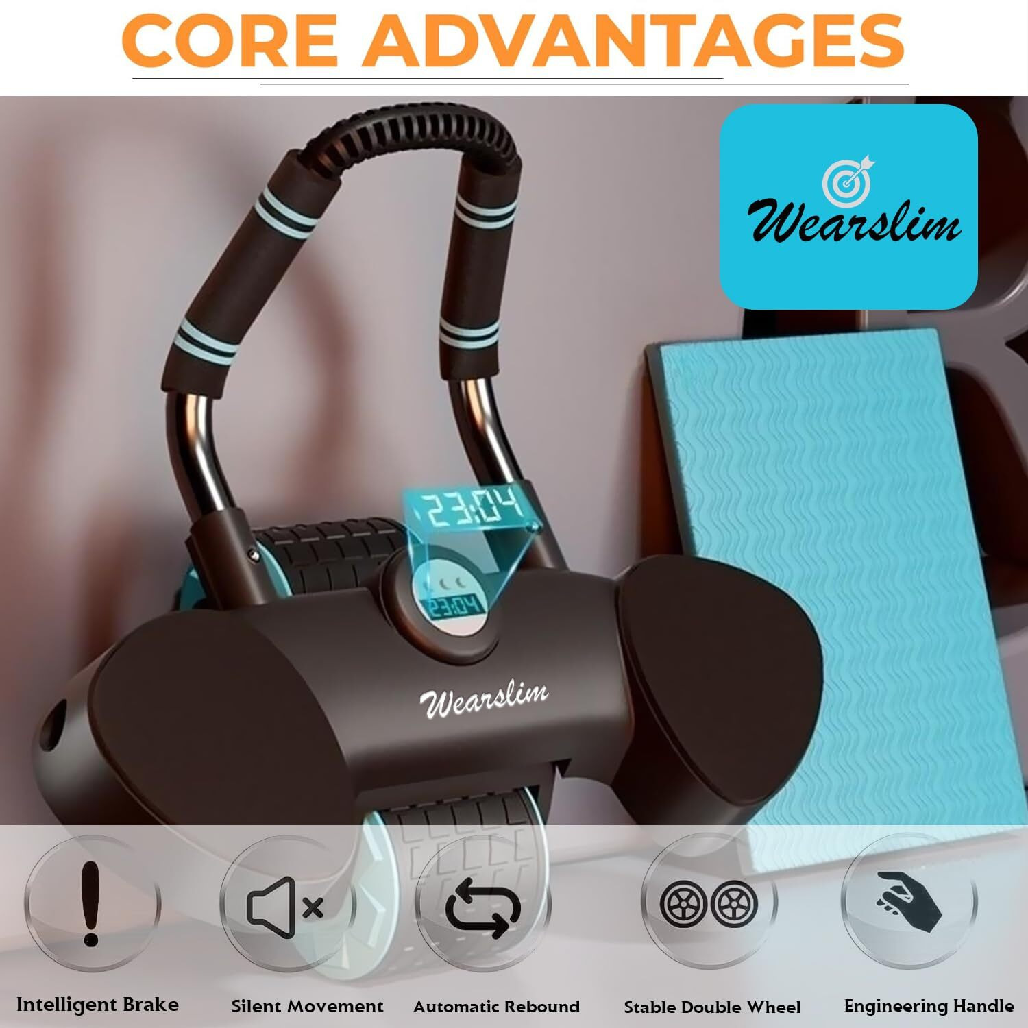 Wearslim Advanced Abs Roller for Men & Women with Elbow Support, Automatic Rebound, Timer, Mobile Holder & Knee Pad for Core Exercises, Plank & Full Body Strength Training as Home Gym Equipment