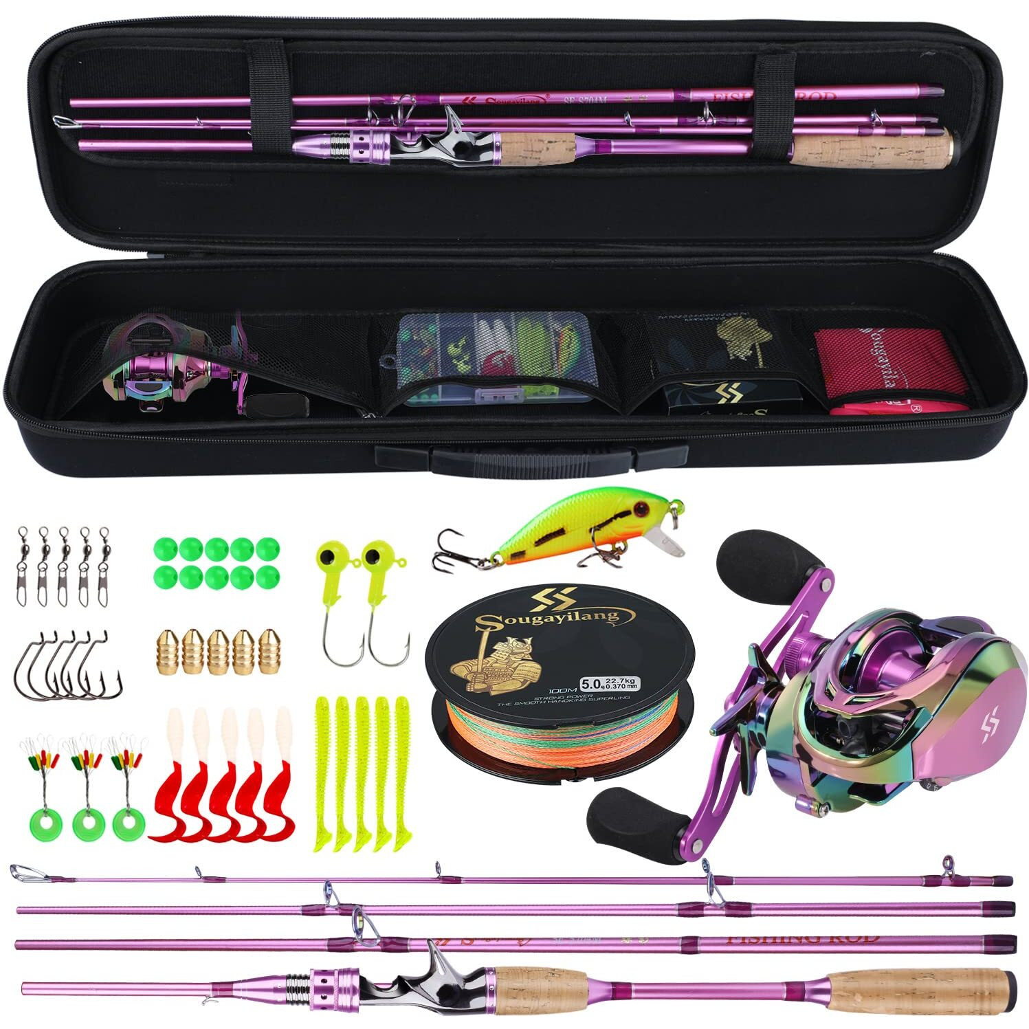 Sougayilang Fishing Baitcasting Combos, Lightweight Carbon Fiber Fishing Pole and 11+1BB Fishing Reel Left Hand for Travel 4-Piece Salt Fresh Water-Left Hand/6.9FT with Carrier Bag
