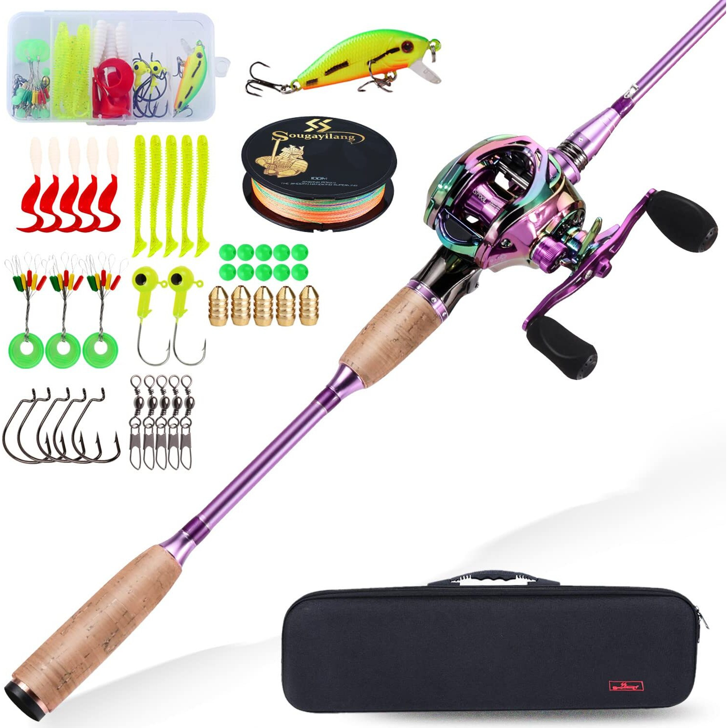 Sougayilang Fishing Baitcasting Combos, Lightweight Carbon Fiber Fishing Pole and 11+1BB Fishing Reel Left Hand for Travel 4-Piece Salt Fresh Water-Left Hand/6.9FT with Carrier Bag