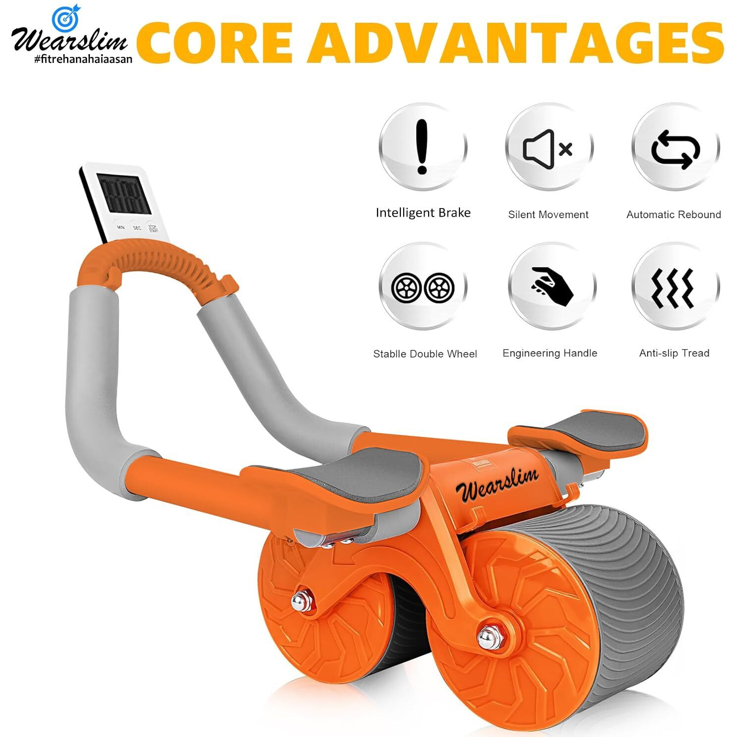 Wearslim Abs Roller for Men & Women| Advanced Ab Roller with Automatic Rebound| Abs Roller Wheel with Strong Elbow Support, Timer, Mobile Holder & Knee Pad| Abdominal Strength Training Home Gym Equipment| For Abdominal Core Exercises, Core Strength, Plank and Full Body Strength Training