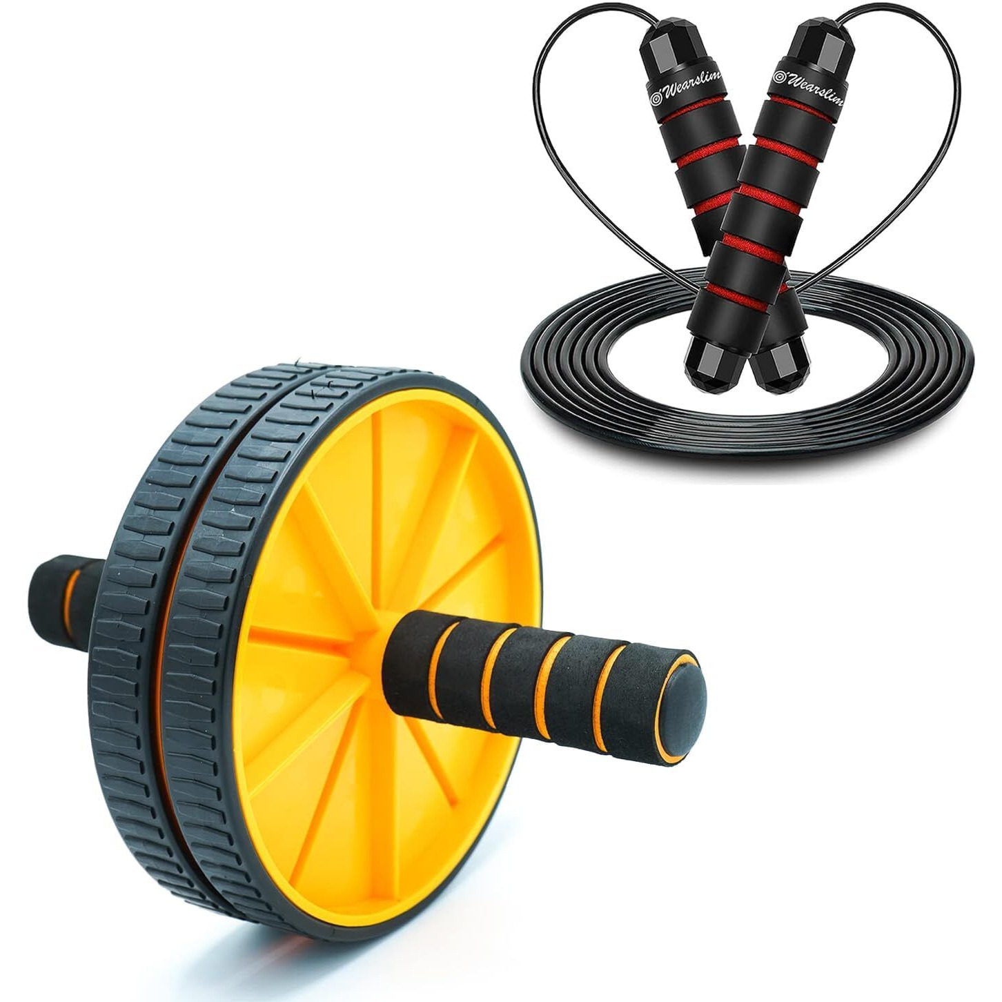 Wearslim Professional Double Wheel Ab Roller with Skipping Rope, Ball Bearings Rapid Speed Jump Rope & Non-Slip Handles Abdominal Workout Wheel - Multicolor