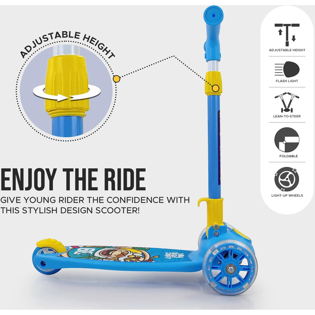 Nhr Smart Kick Scooter, 3 Adjustable Height, Foldable Scooter, Skate Scooter for Kids, Attractive PVC Wheel with Led Light for Kids, Age Upto 3+ Years (45 Kg, Blue)