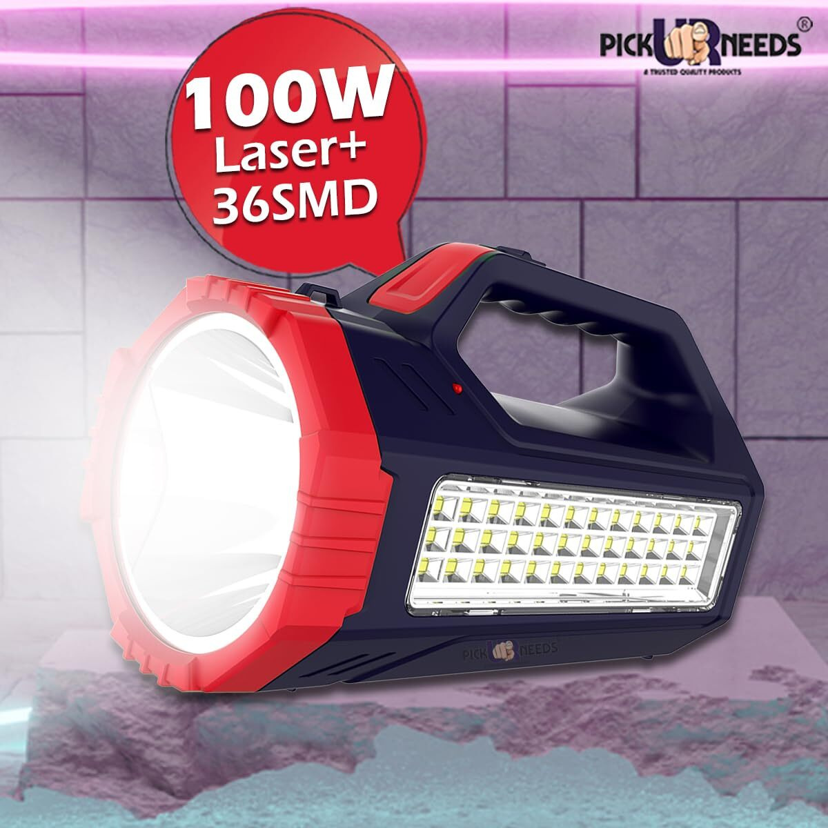 Pick Ur Needs Rechargeable High Range Emergency Search Light 100 Watt Laser + Side 36 Big Smd Light (Black, Pack Of 1, Plastic), 800 Lumen