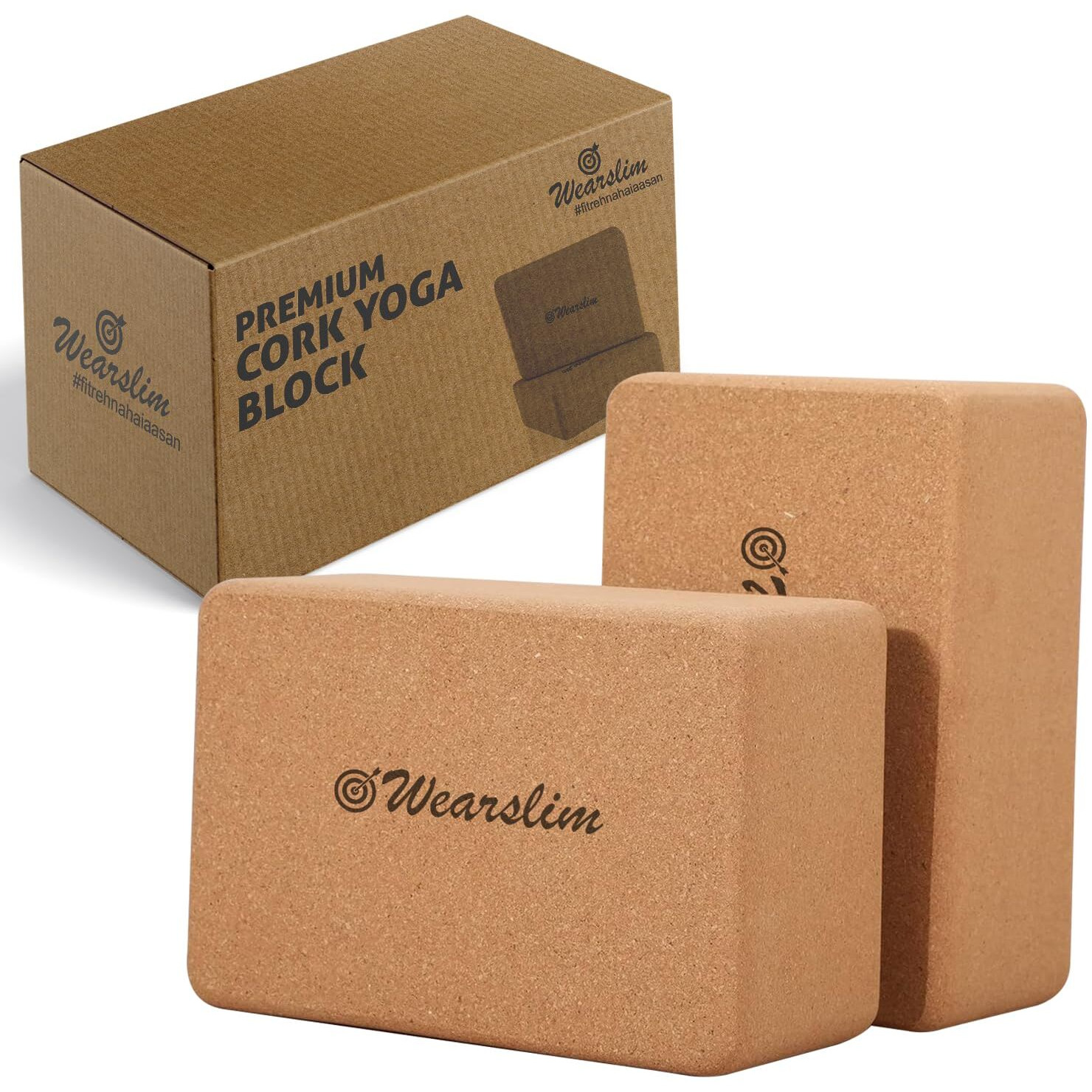 Wearslim Cork Yoga Block Premium High Density Non-Slip Exercise Yoga Bricks, Lightweight, Odor-Resistant and Moisture-Proof, Perfect Yoga Equipment for Women & Men- Size (24 x 14 x 9 cm) (2, Normal)
