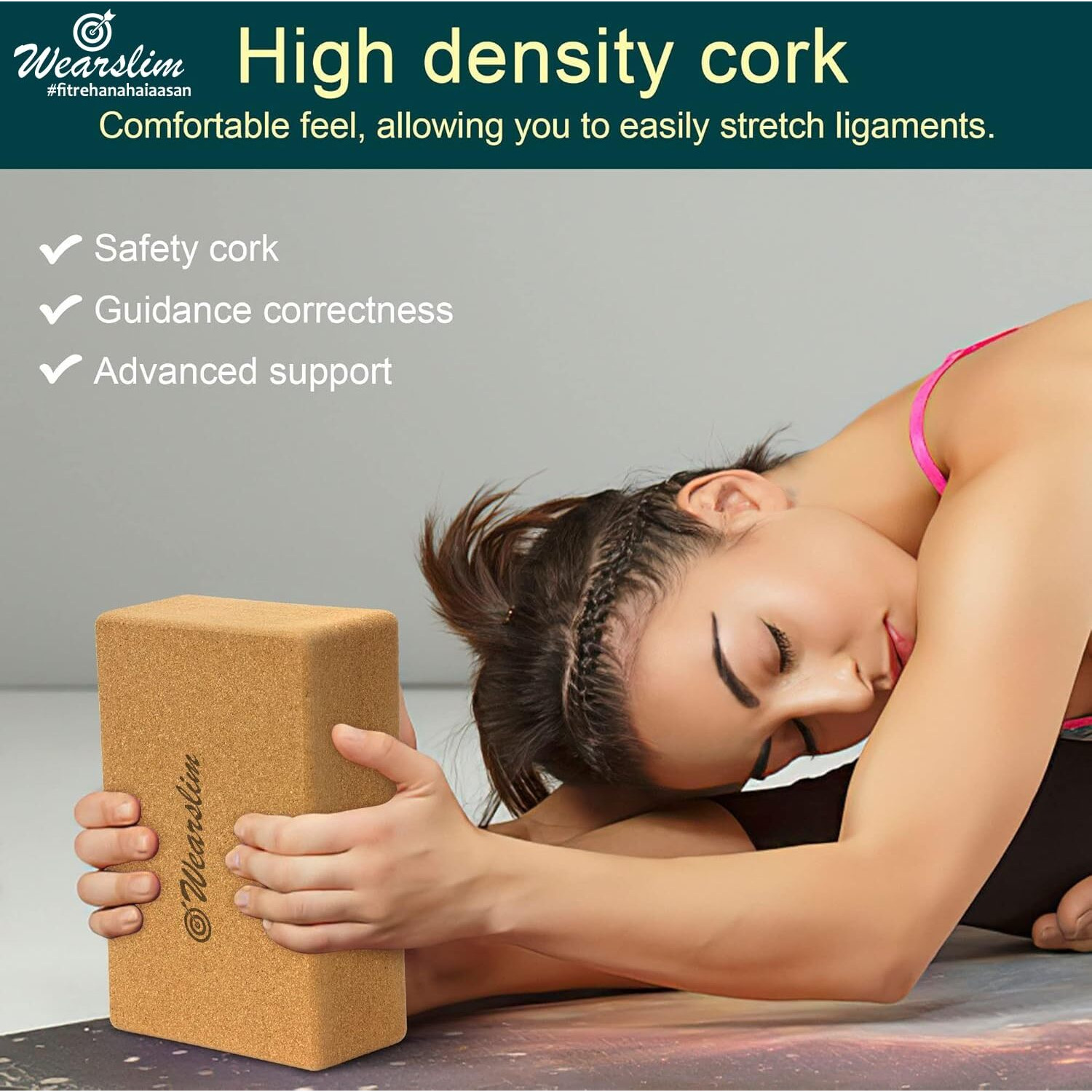 Wearslim Cork Yoga Block Premium High Density Non-Slip Exercise Yoga Bricks, Lightweight, Odor-Resistant and Moisture-Proof, Perfect Yoga Equipment for Women & Men- Size (24 x 14 x 9 cm) (2, Normal)