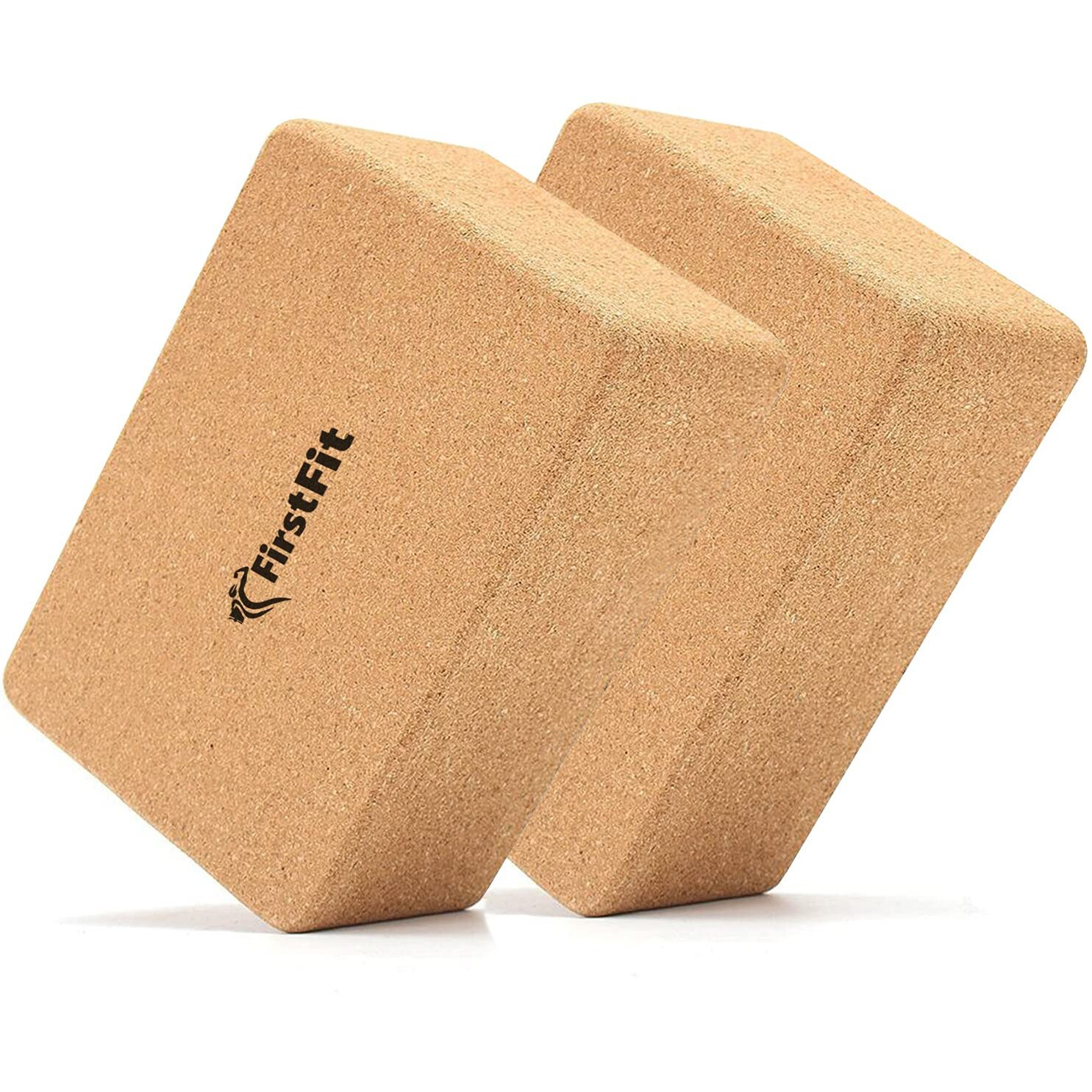 FirstFit Yoga Block, Non-Slip & Supra Grip Natural Cork Yoga Brick, Regular & Handstand Block, Wrist Support Wedge/Calf Stretch Wedge, Exercise Accessories For Women & Men-Size(23 x 13 x 8 cm) Pack 2