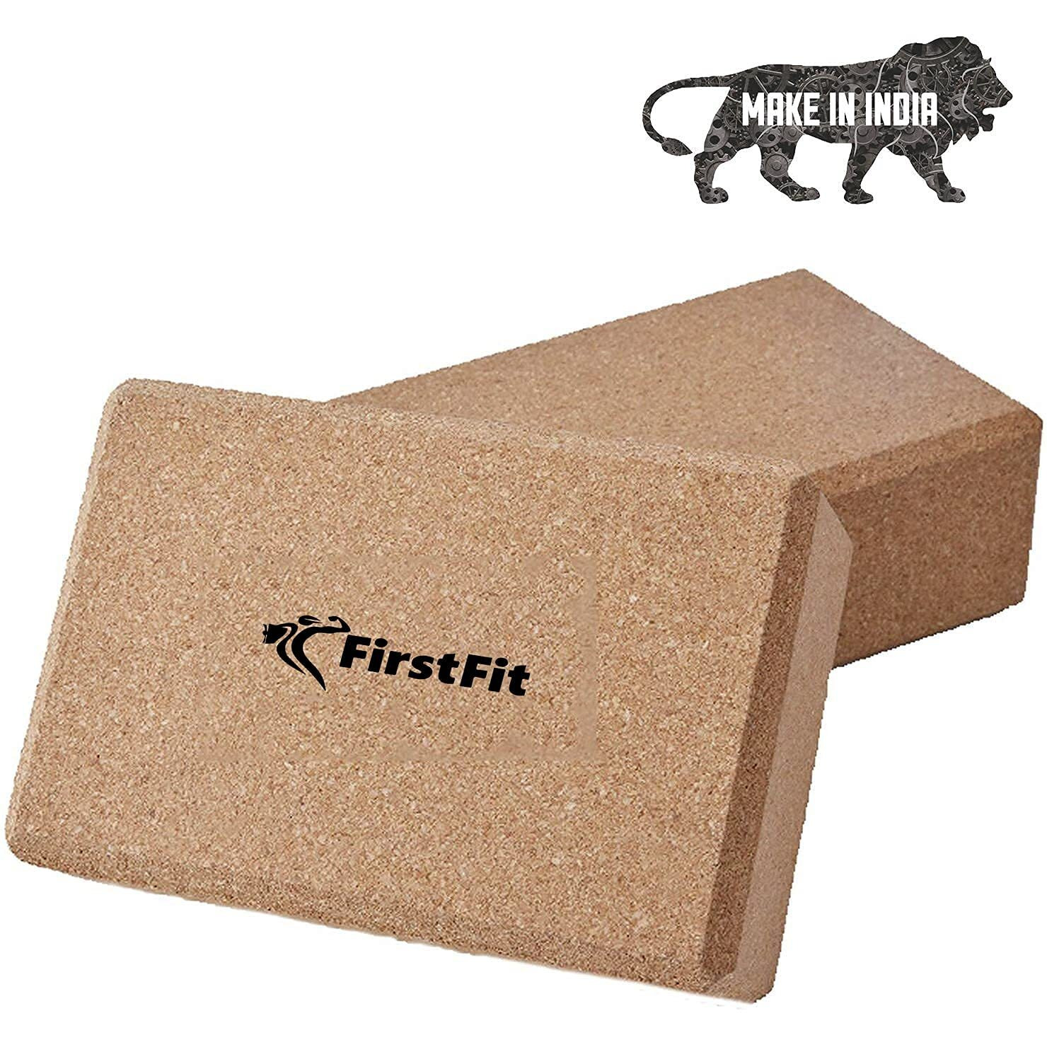 FirstFit Yoga Block, Non-Slip & Supra Grip Natural Cork Yoga Brick, Regular & Handstand Block, Wrist Support Wedge/Calf Stretch Wedge, Exercise Accessories For Women & Men-Size(23 x 13 x 8 cm) Pack 2