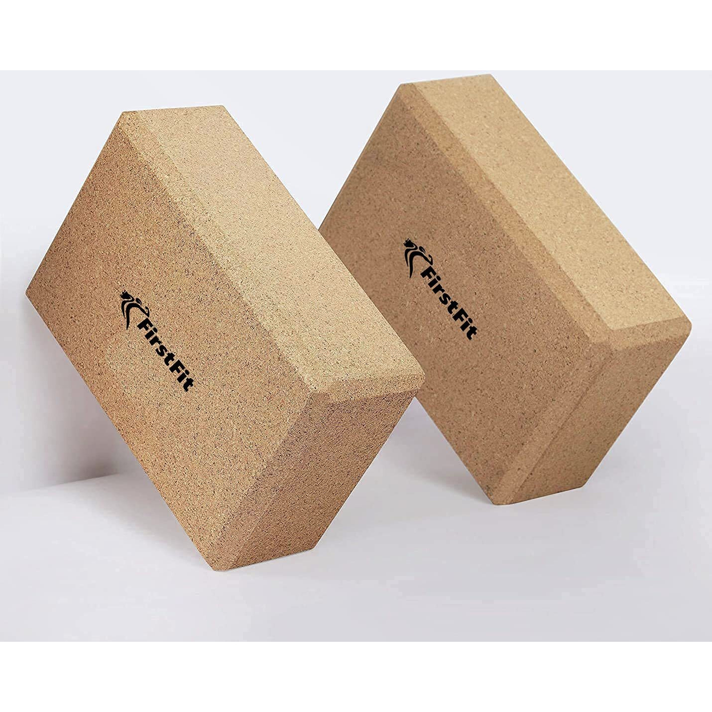 FirstFit Yoga Block, Non-Slip & Supra Grip Natural Cork Yoga Brick, Regular & Handstand Block, Wrist Support Wedge/Calf Stretch Wedge, Exercise Accessories For Women & Men-Size(23 x 13 x 8 cm) Pack 2
