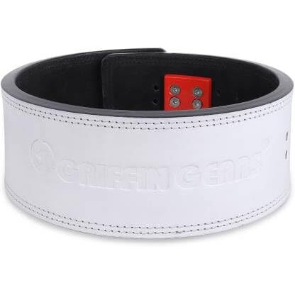 GRIFFIN GEARS Powerlifting Lever Gym Red Buckle With White Belt Power 10MM Extreme Heavy Duty Genuine Leather Belts-Squats Deadlifts Bodybuilding Weight Lifting IPF Strongman for Men(Small-26 -34 )