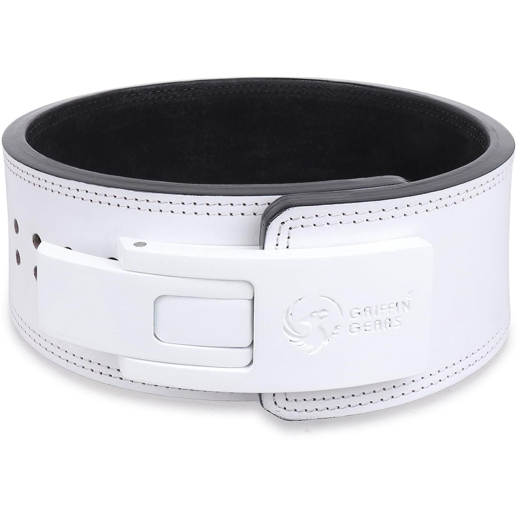 GRIFFIN GEARS Powerlifting Lever Gym White Buckle With White Belt Power 10MM Extreme Heavy Duty Genuine Leather Belts-Squats Deadlifts Bodybuilding Weight Lifting IPF Strongman for Men(M-32 -41 )