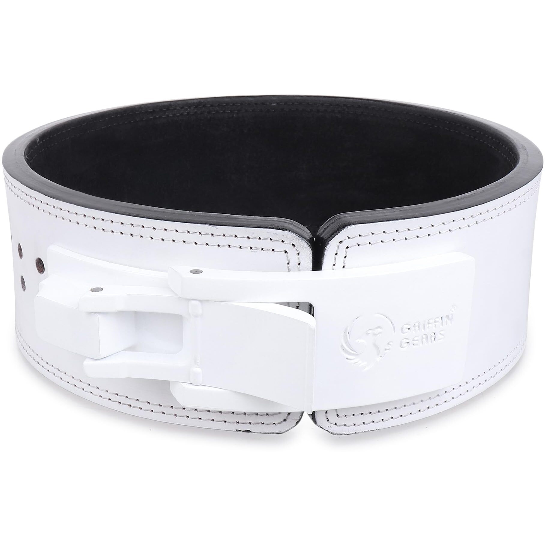 GRIFFIN GEARS Powerlifting Lever Gym White Buckle With White Belt Power 10MM Extreme Heavy Duty Genuine Leather Belts-Squats Deadlifts Bodybuilding Weight Lifting IPF Strongman for Men(M-32 -41 )