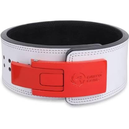 GRIFFIN GEARS Powerlifting Lever Gym Red Buckle With White Belt Power 10MM Extreme Heavy Duty Genuine Leather Belts-Squats Deadlifts Bodybuilding Weight Lifting IPF Strongman for Men(L-38 -46 )