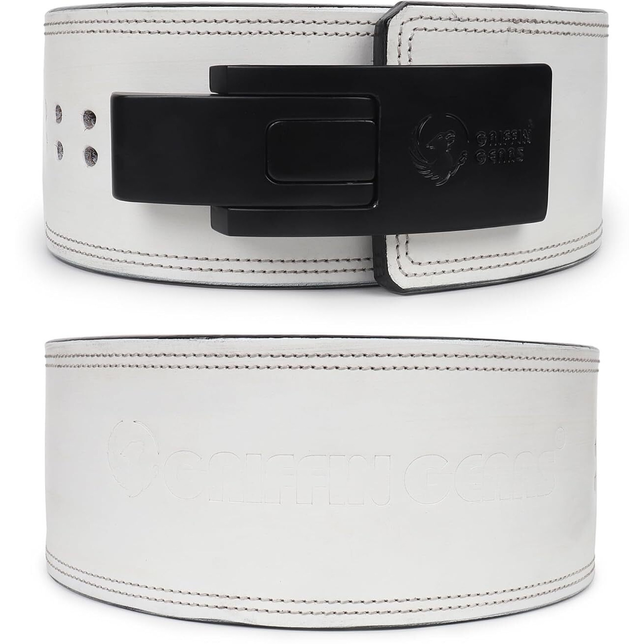 GRIFFIN GEARS Powerlifting Lever Gym Black Buckle With White Belt Power 10MM Extreme Heavy Duty Genuine Leather Belts -Squats Deadlifts Bodybuilding Weight Lifting Power Lifting for Men (L-38 -46 )