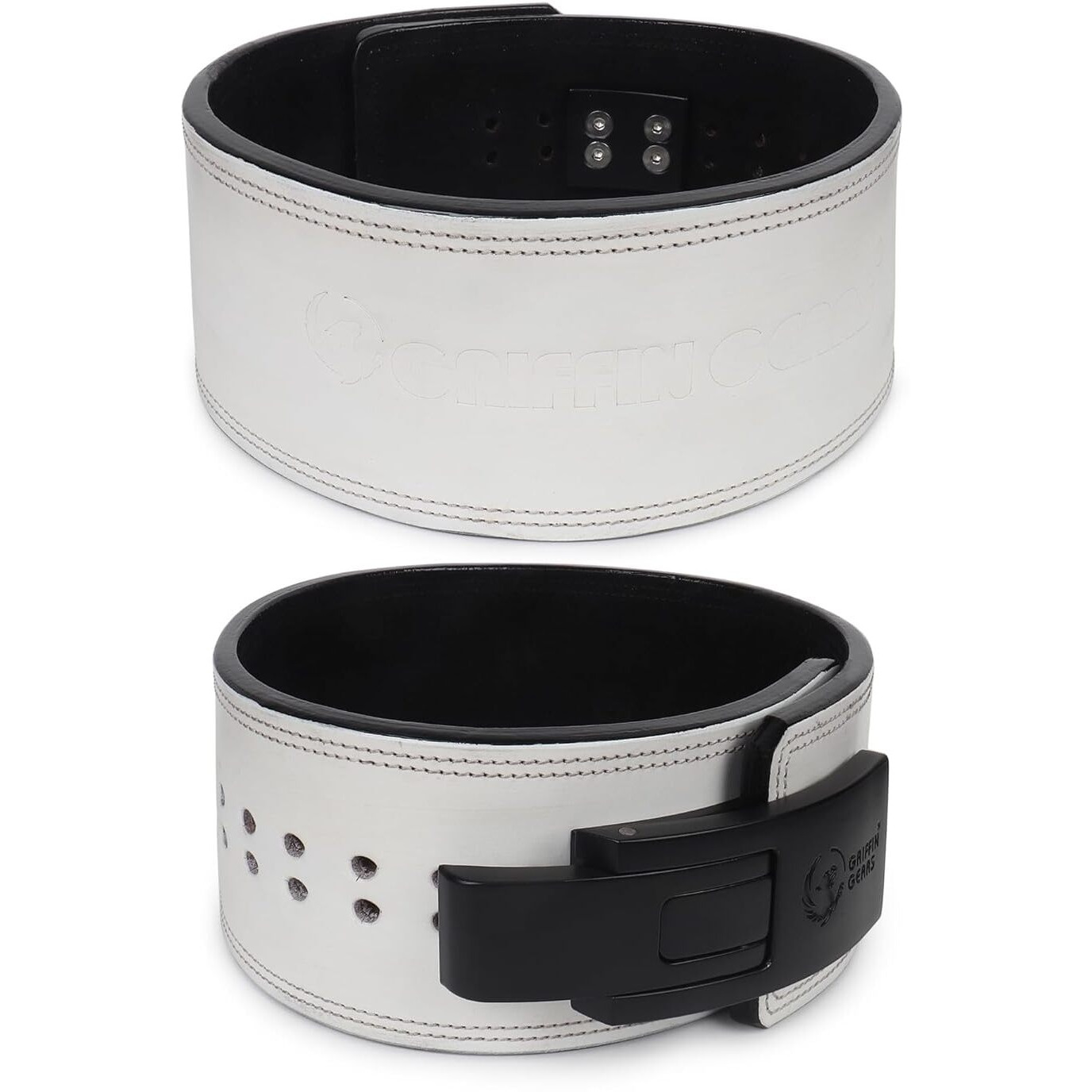 GRIFFIN GEARS Powerlifting Lever Gym Black Buckle With White Belt Power 10MM Extreme Heavy Duty Genuine Leather Belts -Squats Deadlifts Bodybuilding Weight Lifting Power Lifting for Men (L-38 -46 )