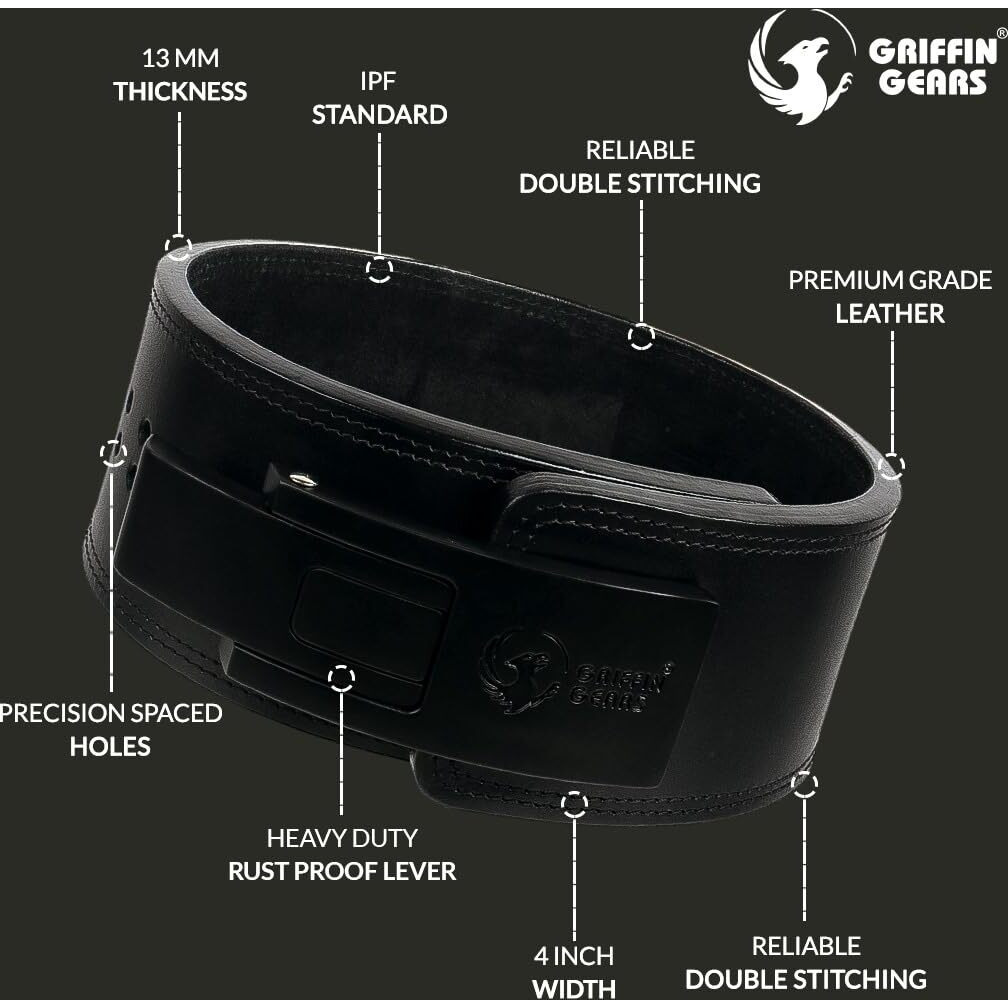 GRIFFIN GEARS Powerlifting Lever Gym Black Buckle With Black Belt Power 10MM Extreme Heavy Duty Genuine Leather Belts -Squats Deadlifts Bodybuilding Weight Lifting Power Lifting for Men (L-38 -46 )