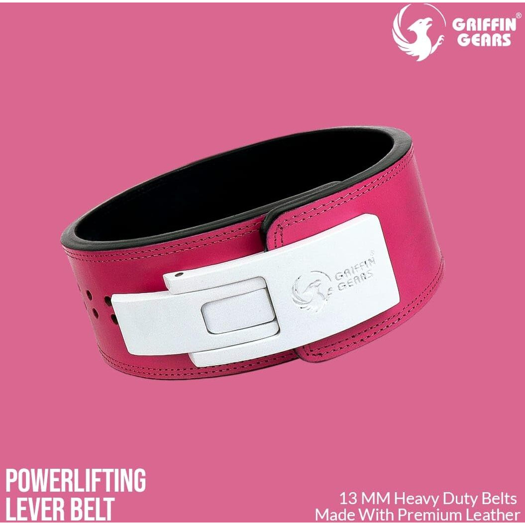 GRIFFIN GEARS Powerlifting Lever Gym Extreme Heavy Duty Genuine Leather Belts-Squats Deadlifts Bodybuilding Weight Lifting Strongman for Men (Medium 32-41 Inch), 10MM Pink)