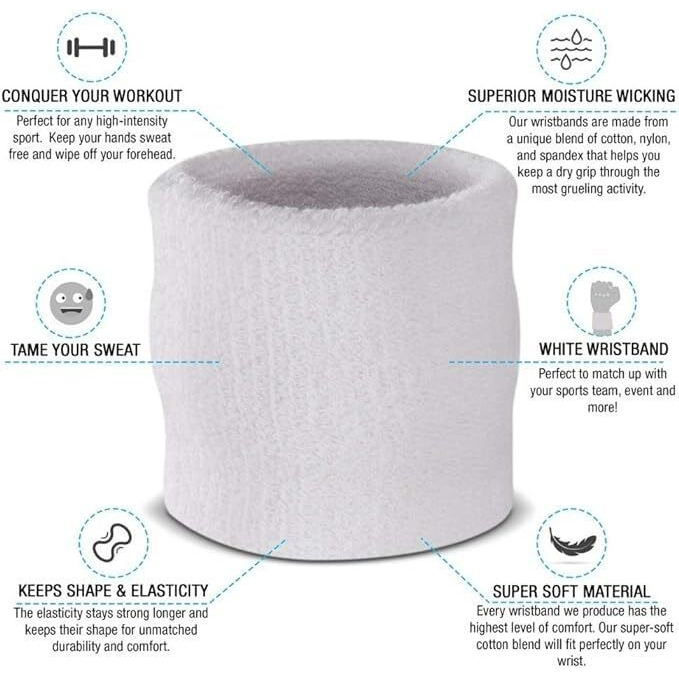 XFyt Soft Cotton Wrist Sweatband | Strechable High Elasticity absorbtion Sweat Bands Towel for Men Women Tennis Badminton Cricket Yoga Pilates (1 Piece, White)