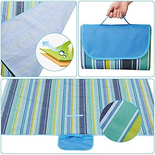 Spellwish Picnic Blanket 150 * 200 cm Portable Beach Mat Waterproof Outdoor Blanket with Handle for Camping, Beach, Travel, BBQ, Outdoor, Hiking (Blue)