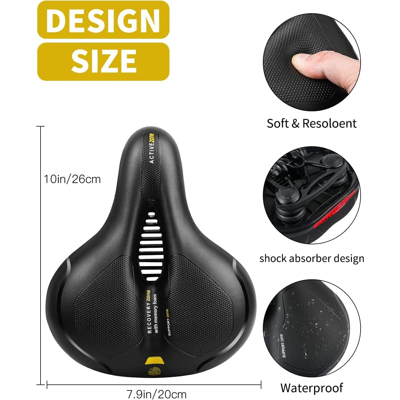 Linist Bicycle Seat, Replacement Wide Saddle Bicycle with Waterproof Memory Foam Padded Leather, Reflective Strip Seat Cushion and Dual Shock Absorbing Rubber Balls, Bicycle Saddle (Black-Yellow)