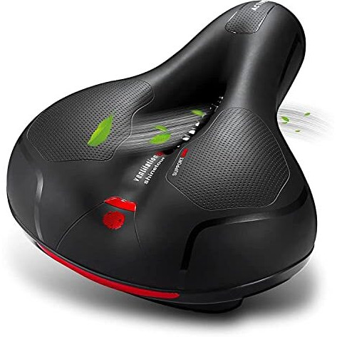 Linist Bicycle Seat, Replacement Wide Saddle Bicycle with Waterproof Memory Foam Padded Leather, Reflective Strip Seat Cushion and Dual Shock Absorbing Rubber Balls, Bicycle Saddle (Black-Red)