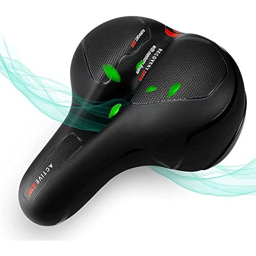 Linist Bicycle Seat, Replacement Wide Saddle Bicycle with Waterproof Memory Foam Padded Leather, Reflective Strip Seat Cushion and Dual Shock Absorbing Rubber Balls, Bicycle Saddle (Black-Red)