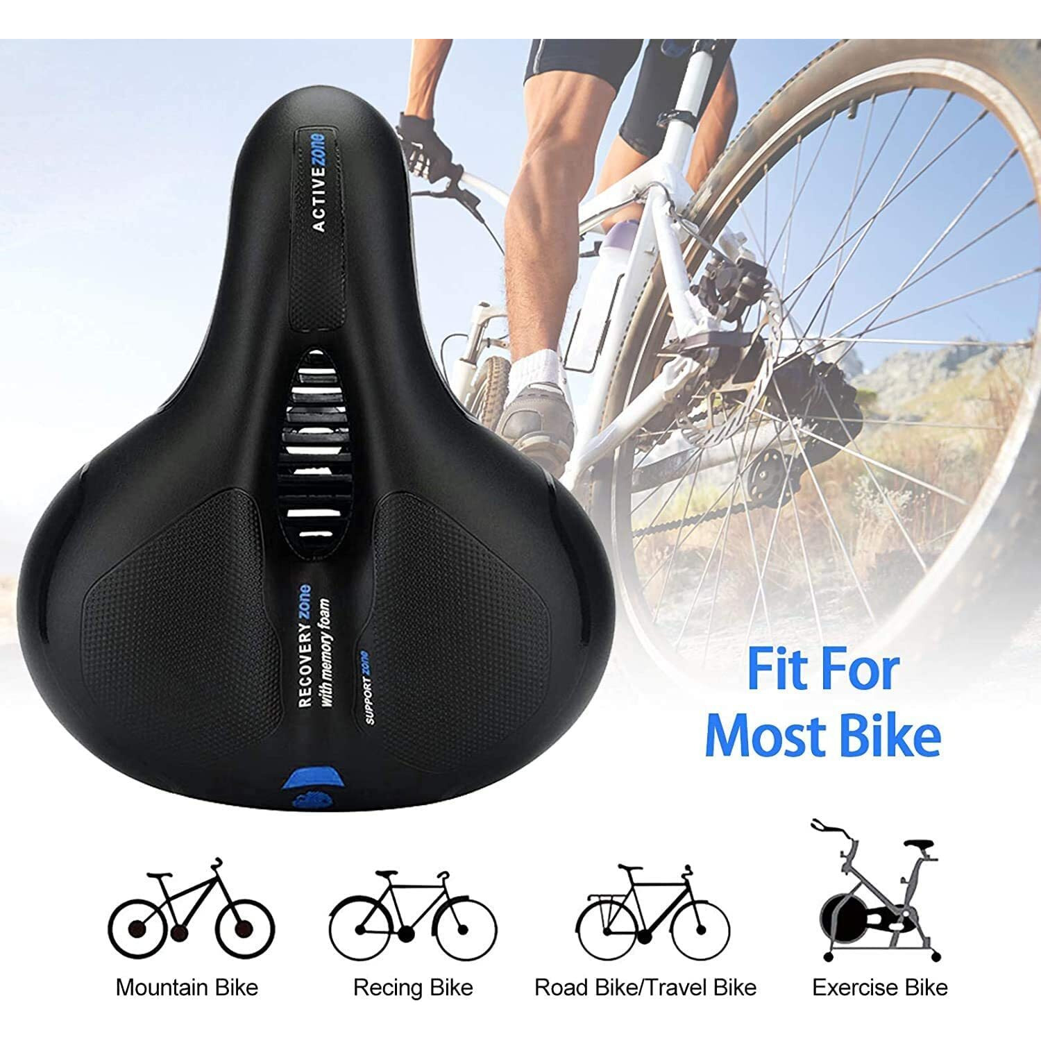 Linist Bicycle Seat, Replacement Wide Saddle Bicycle with Waterproof Memory Foam Padded Leather, Reflective Strip Seat Cushion and Dual Shock Absorbing Rubber Balls, Bicycle Saddle (Black-Blue)
