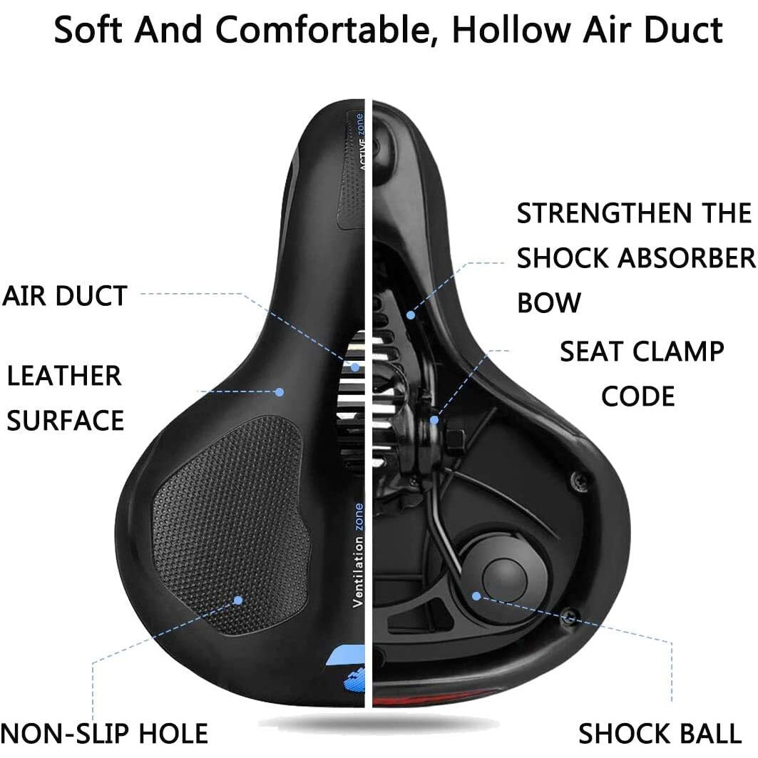 Linist Bicycle Seat, Replacement Wide Saddle Bicycle with Waterproof Memory Foam Padded Leather, Reflective Strip Seat Cushion and Dual Shock Absorbing Rubber Balls, Bicycle Saddle (Black-Blue)