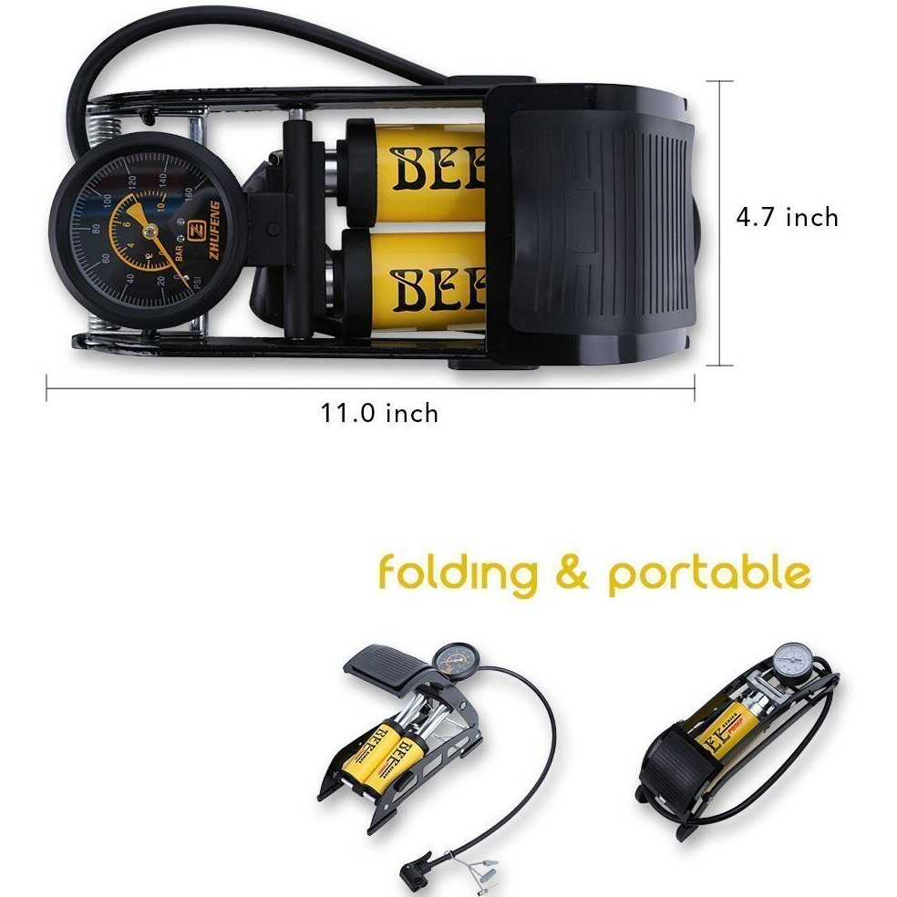 Krevia Aluminum Body Inflatables Dual Cylinder Valves 160PSI Portable Double Barrel High Pressure Foot Pump Inflator with Precision Pressure Gauge - Yellow